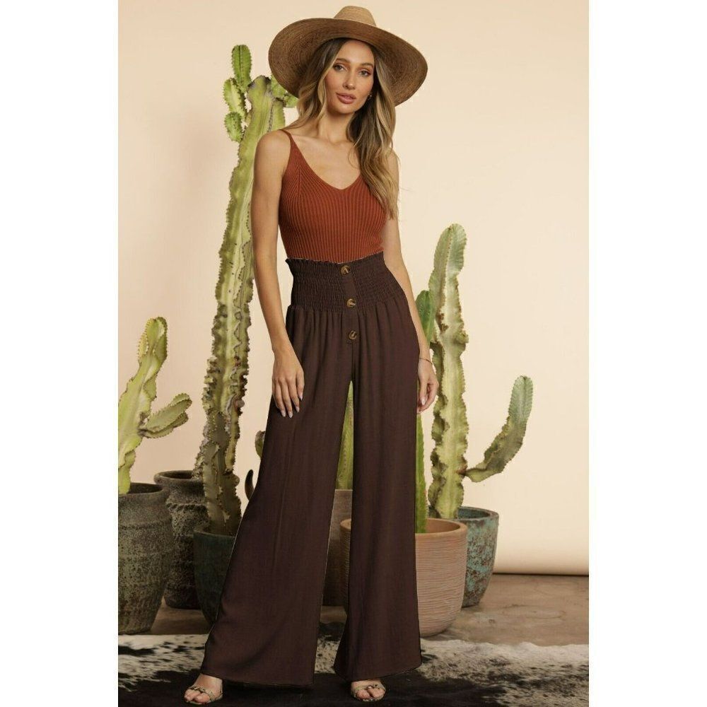 BLUE BUTTERCUP Clothing Women's Smocked Flare High Waist Pants Brown P83570-01